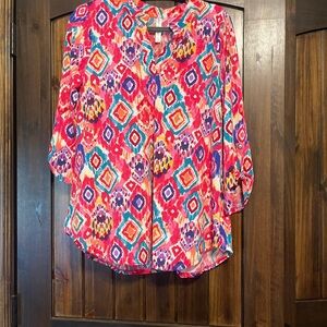 Vibrant Pink Multicolor Geometric Split-Neck Blouse